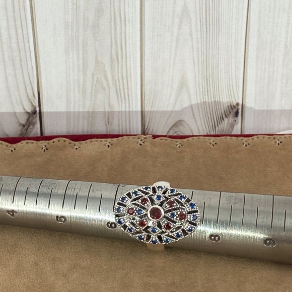 Stunning Art Nouveau Garnet and Blue Sapphire Cocktail Ring Size 7 - Picture 3 of 7